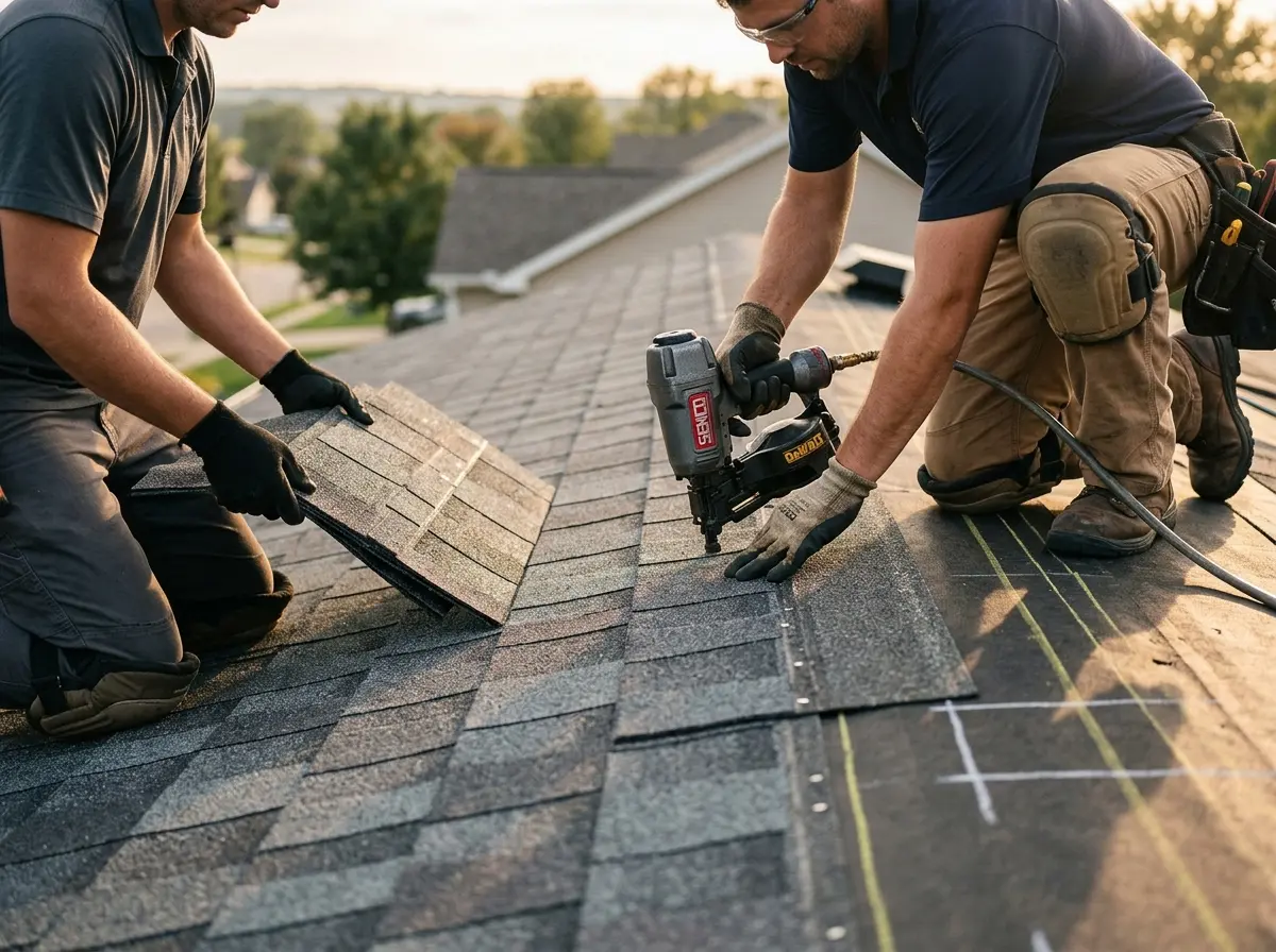 Professional roofer working on a residential roof in Sumpter